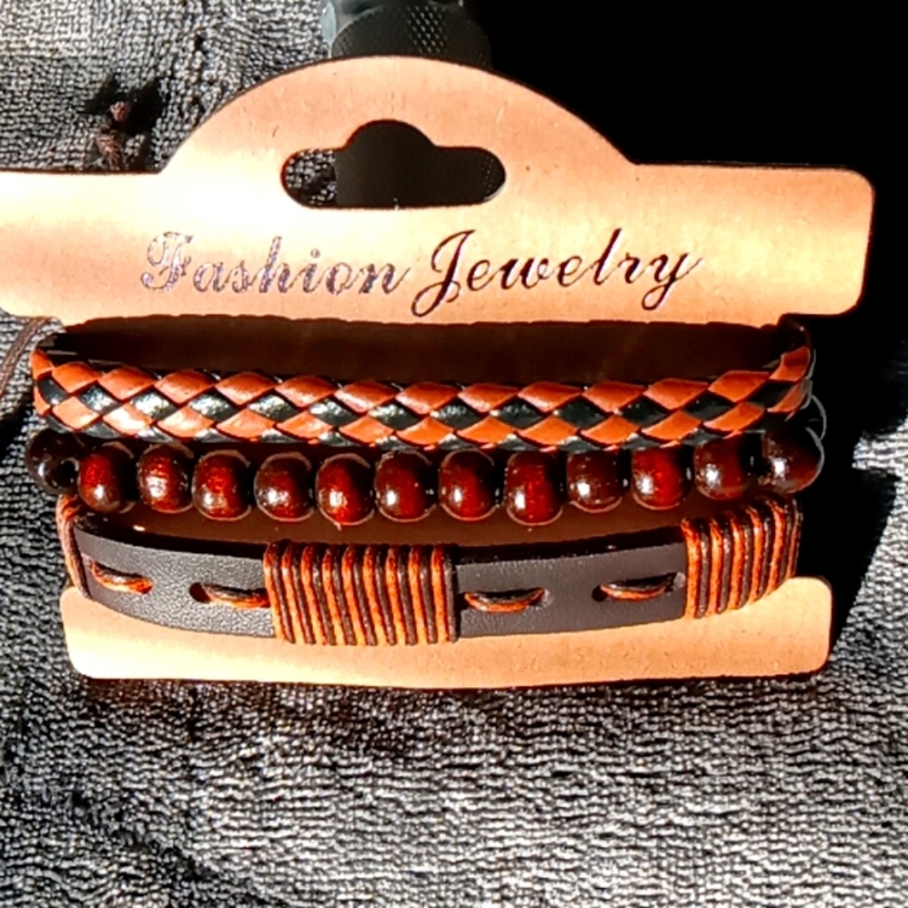 NEW Vegan Leather and wood bead bracelet set